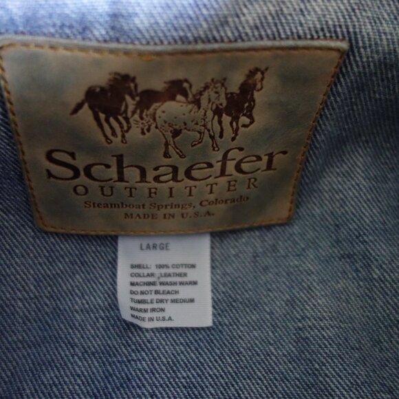 Vtg SCHAEFER OUTFITTER Heavyweight Denim Jacket w/ Leather trim Mens Large ssfis - Picture 5 of 11